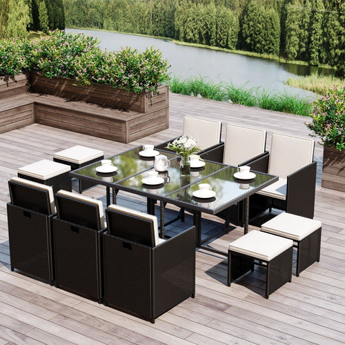 11 Piece Rattan Garden Furniture Set 10 Seater Black With Cushions-0