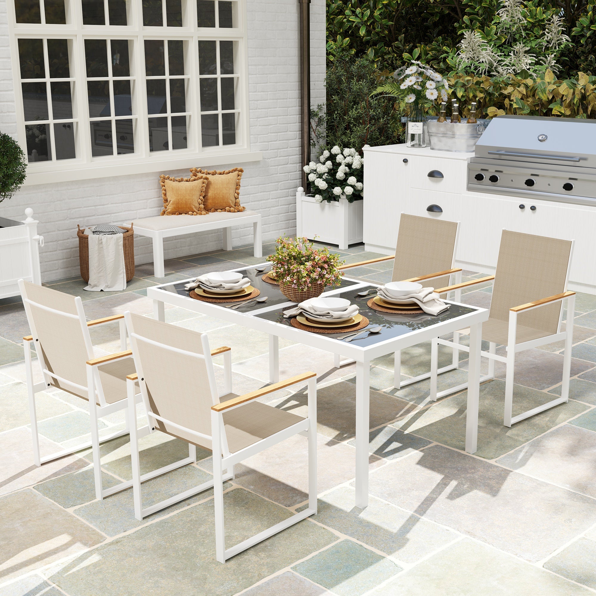 5 Piece Garden Furniture Set with Tempered Glass Table Top - Black-1