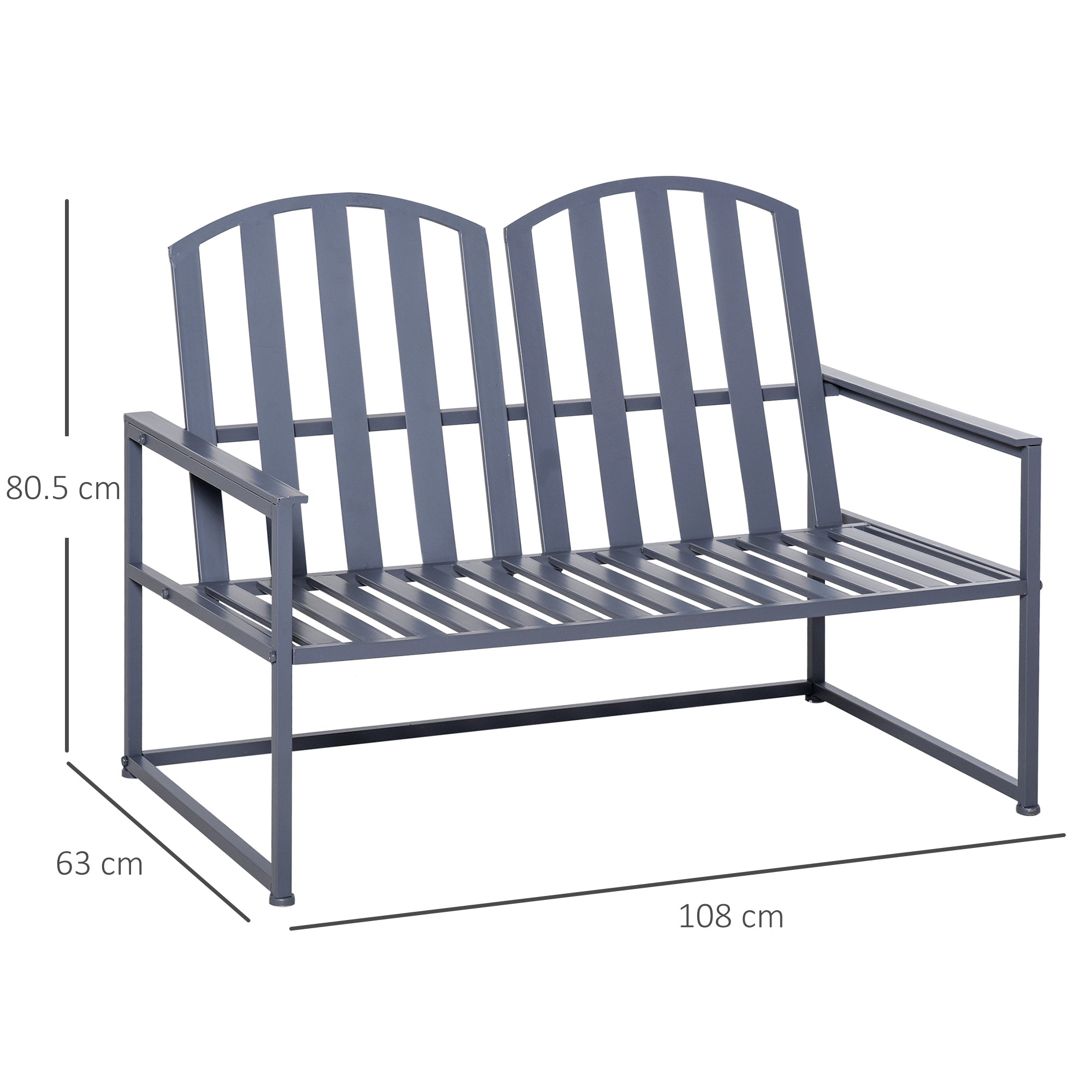 2 Seater Steel Frame Garden Bench with Slatted Design Grey-2