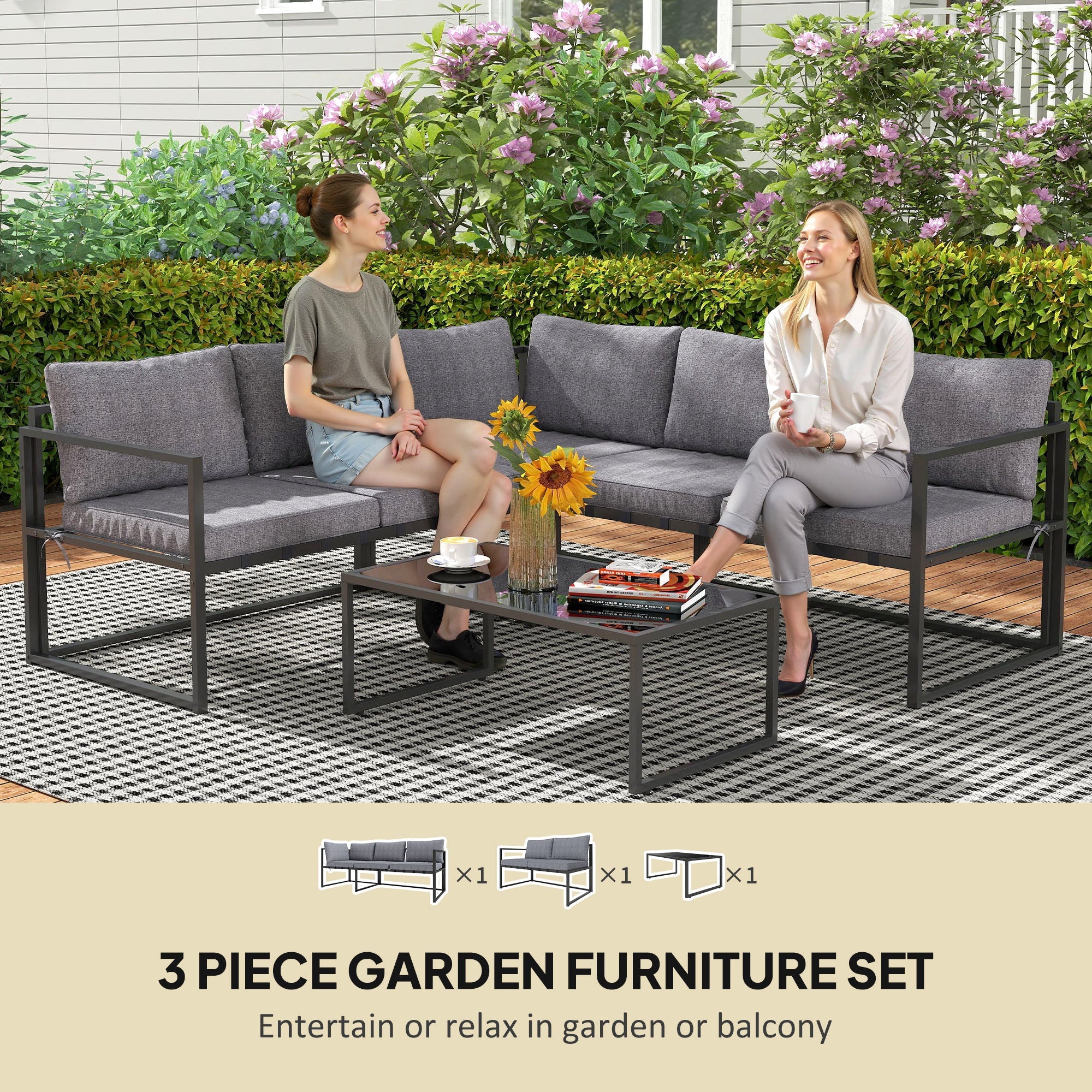 3 Piece L Shaped Garden Furniture Set with Cushions Grey-3