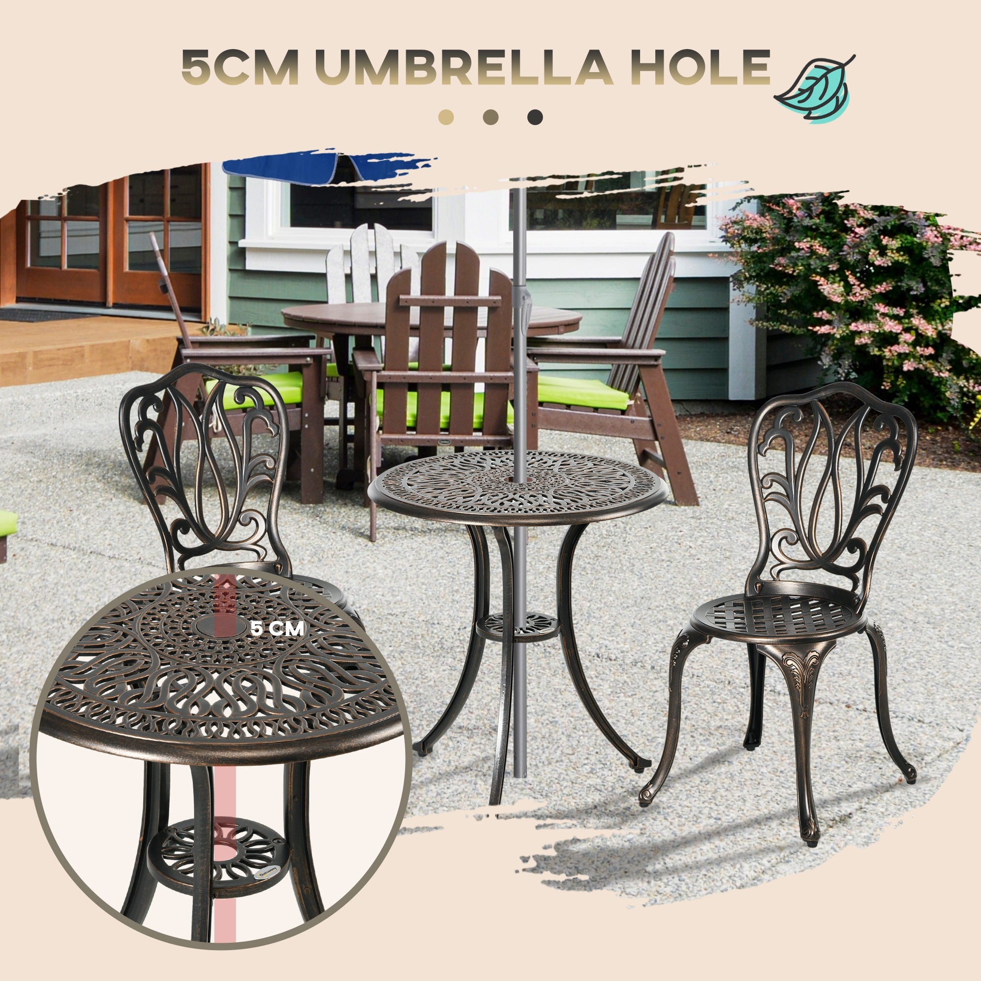 3 Piece Aluminium Garden Bistro Set with Umbrella Hole Bronze-4