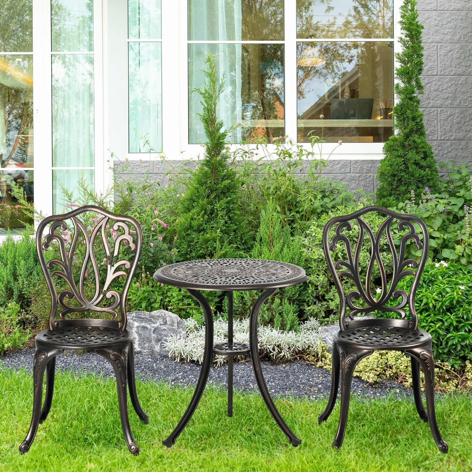 3 Piece Aluminium Garden Bistro Set with Umbrella Hole Bronze-1