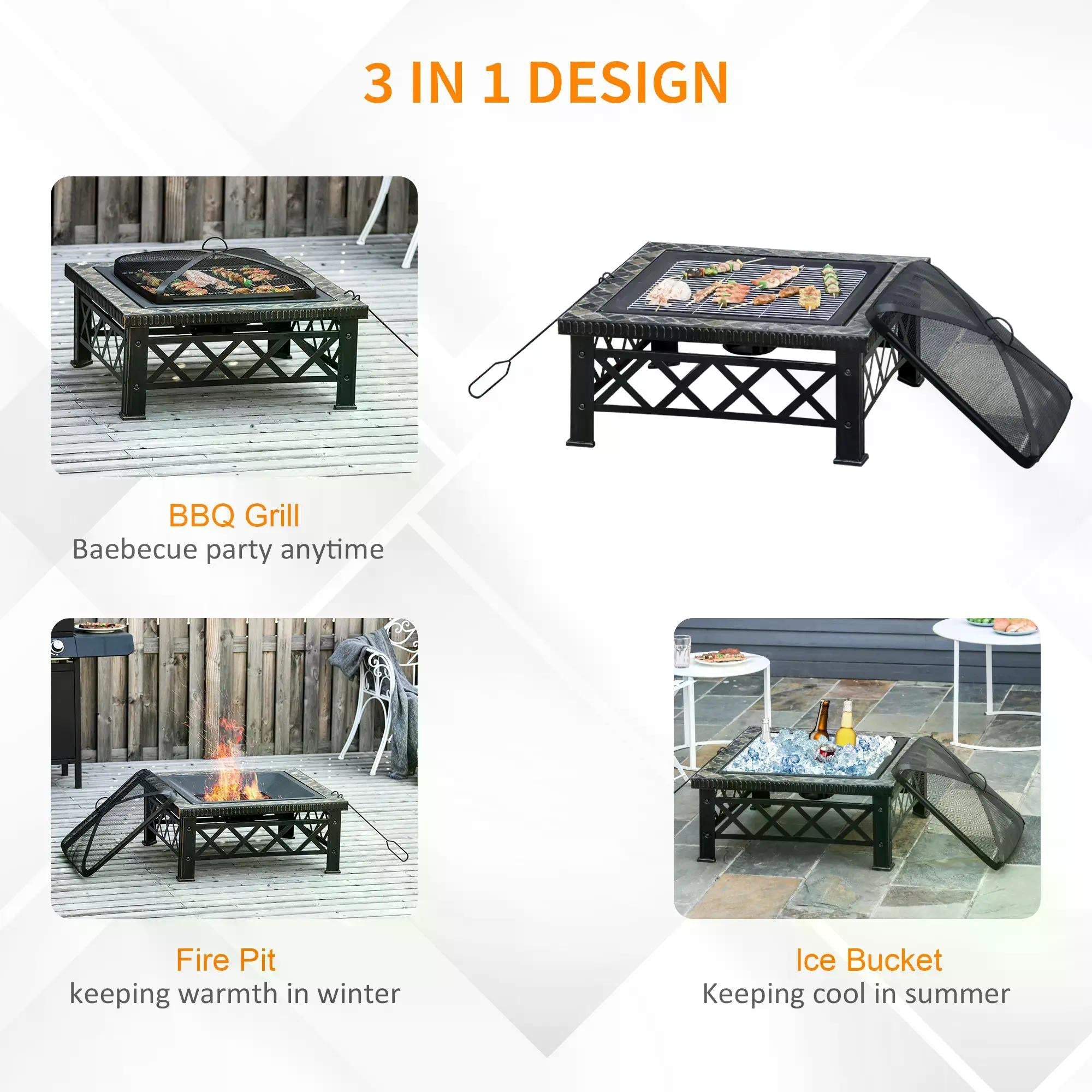3 in 1 Metal Fire Pit Table with BBQ Grill and Spark Screen Cover-3