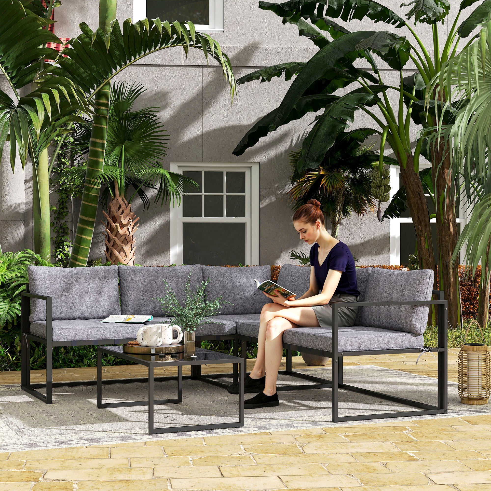 3 Piece L Shaped Garden Furniture Set with Cushions Grey-1