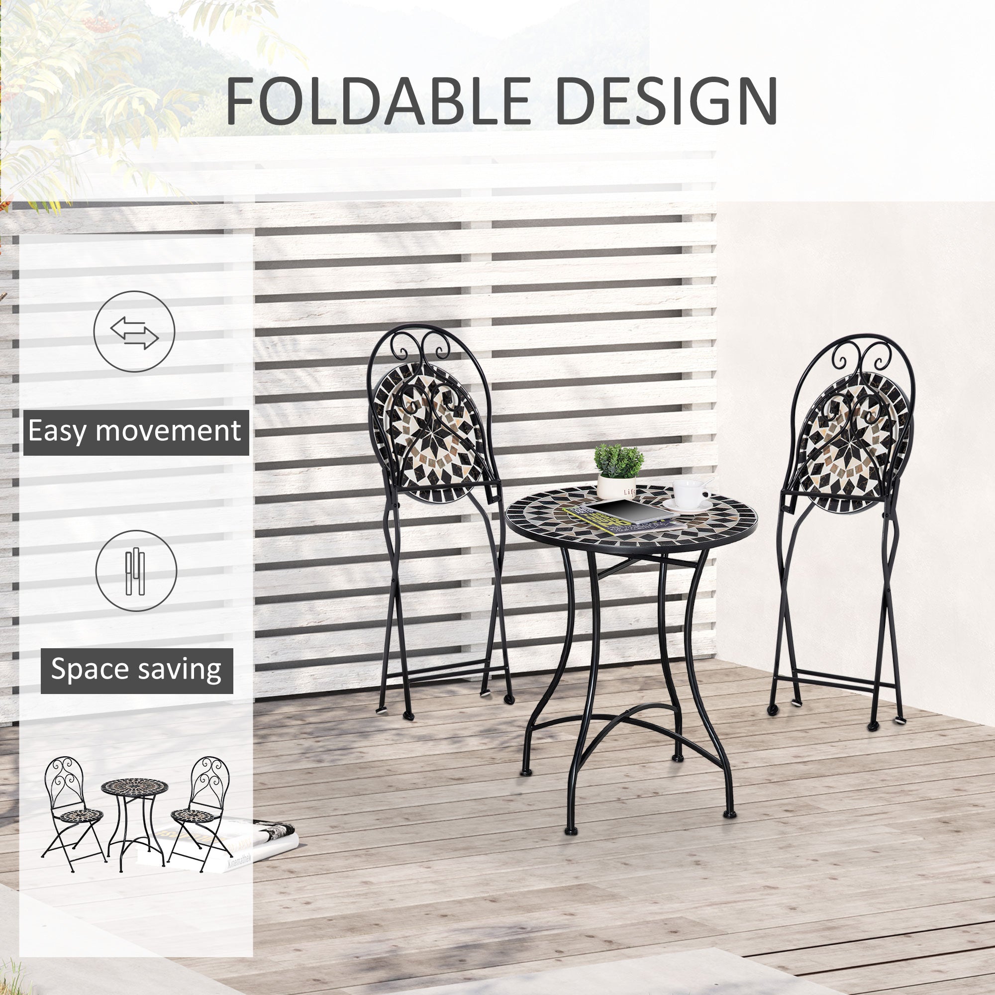 3 Piece Mosaic Tile Outdoor Bistro Set with Metal Frame - Elegant Garden Furniture-4
