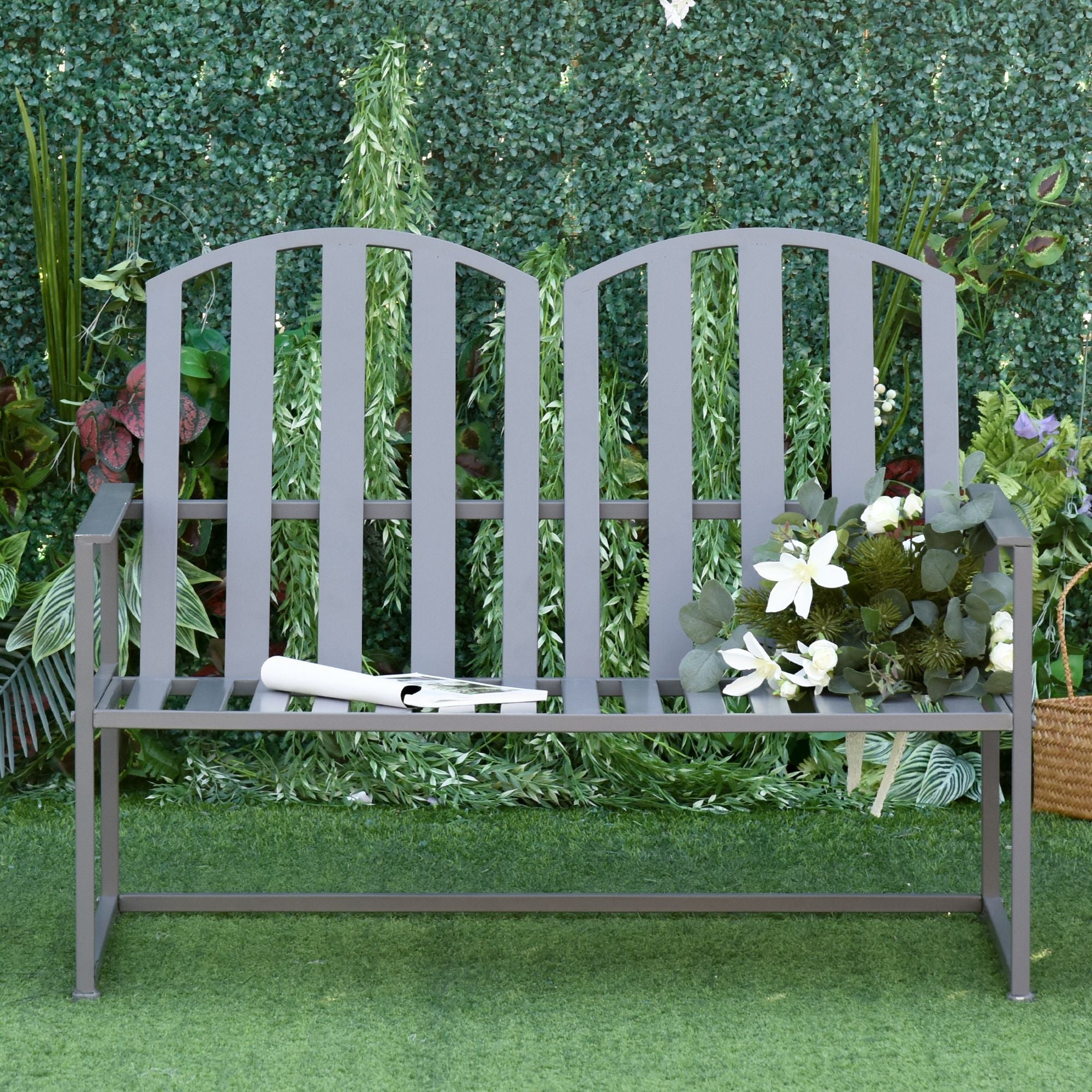 2 Seater Steel Frame Garden Bench with Slatted Design Grey-3