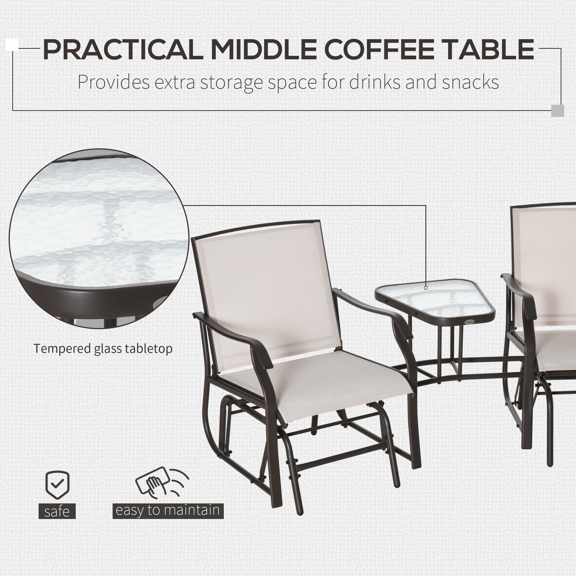 2 Piece Garden Double Glider Rocking Chair Set with Glass Table - Beige-3