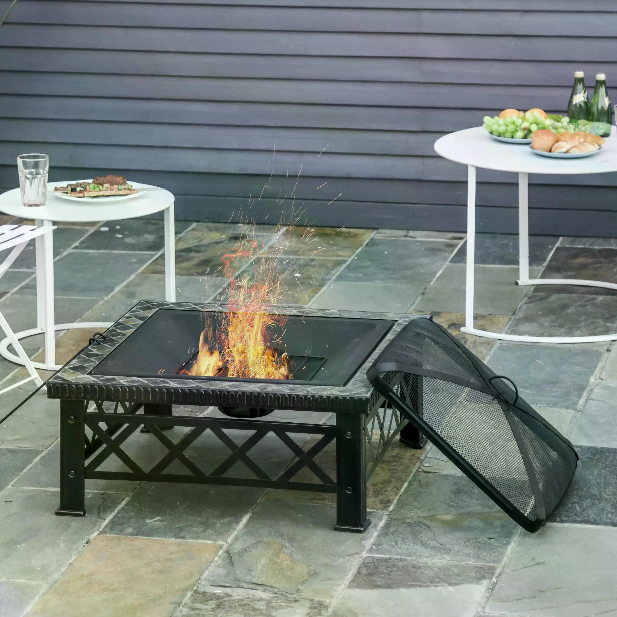 3 in 1 Metal Fire Pit Table with BBQ Grill and Spark Screen Cover-1
