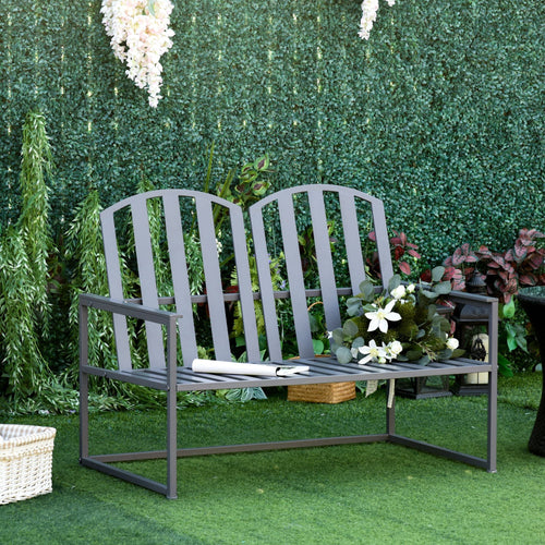 2 Seater Steel Frame Garden Bench with Slatted Design Grey-1