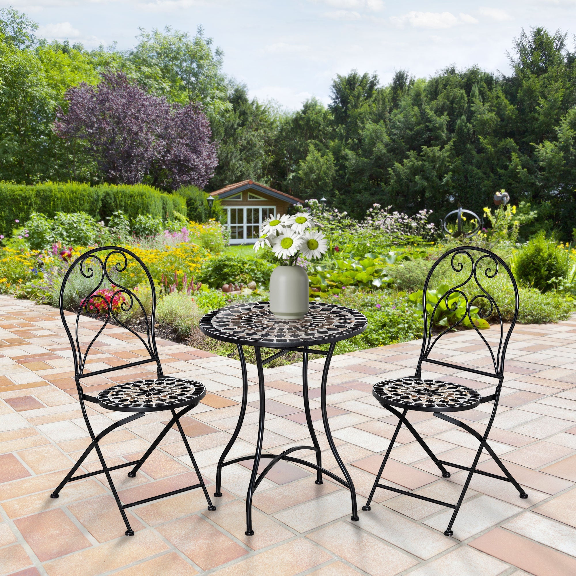 3 Piece Mosaic Tile Outdoor Bistro Set with Metal Frame - Elegant Garden Furniture-1