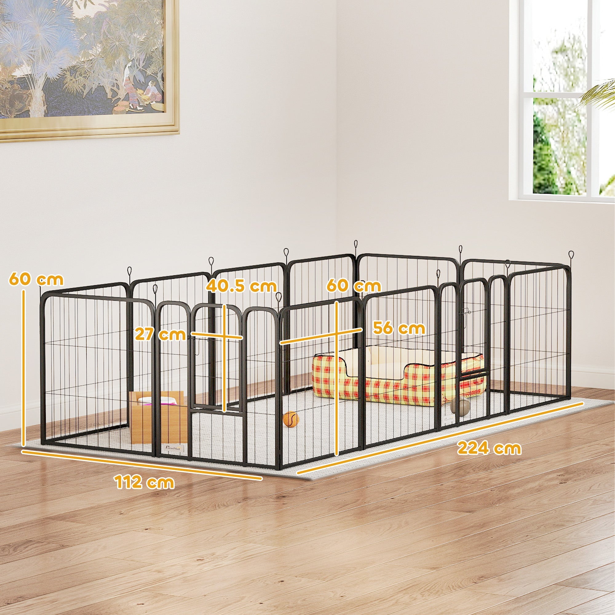 12 Panels Heavy Duty Dog Playpen with Doors, for Small Dogs, 60cm High, Black-2