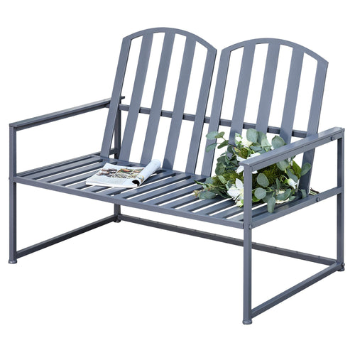 2 Seater Steel Frame Garden Bench with Slatted Design Grey-0