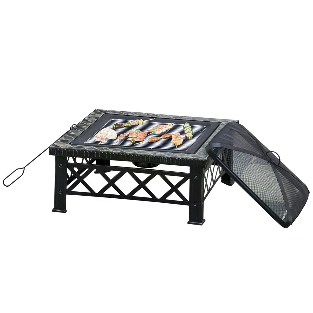 3 in 1 Metal Fire Pit Table with BBQ Grill and Spark Screen Cover-0