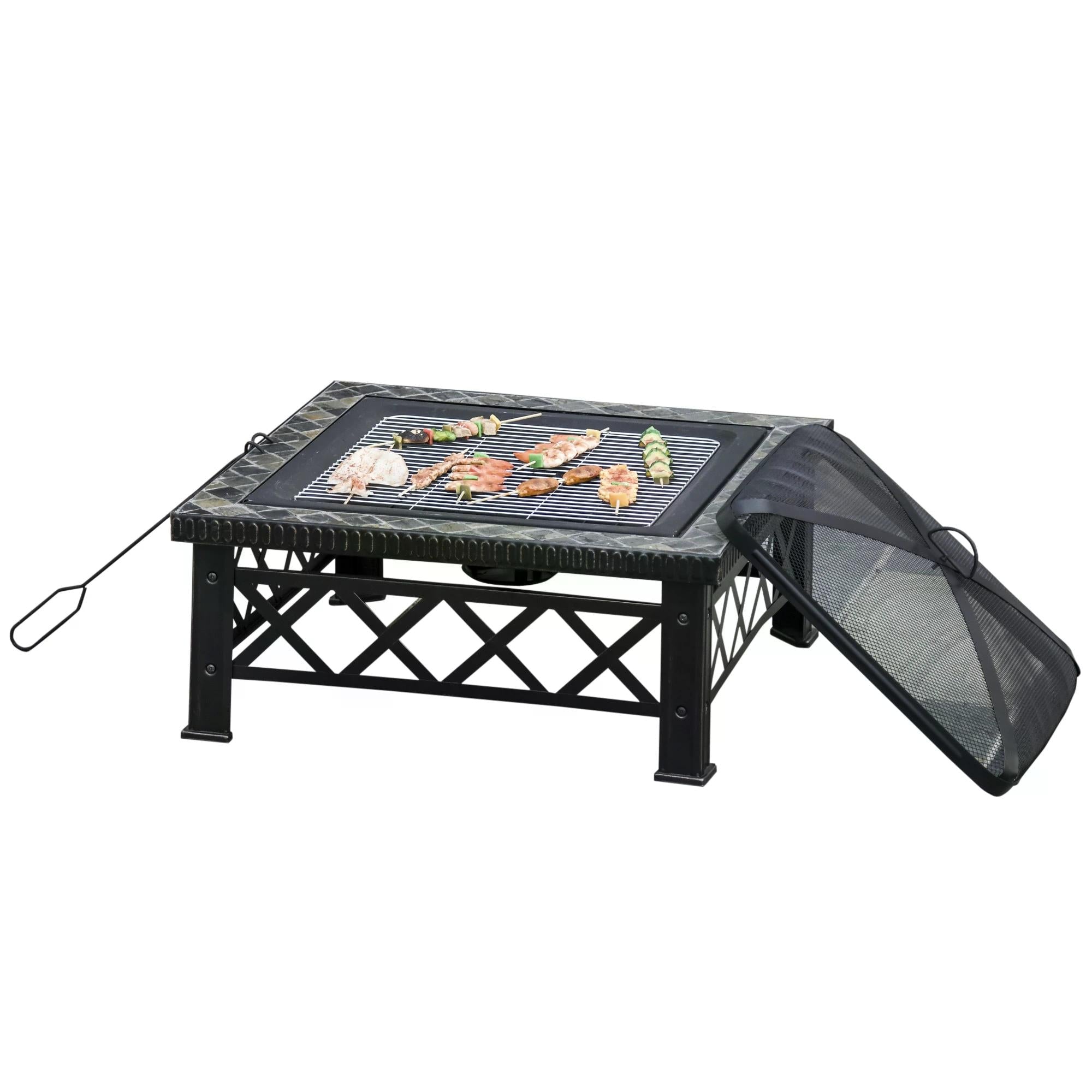 3 in 1 Metal Fire Pit Table with BBQ Grill and Spark Screen Cover-0